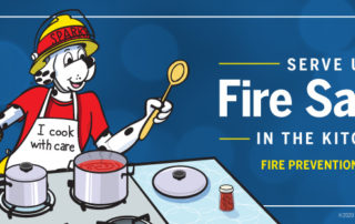 Fire safety in the kitchen with cartoon Dalmatian firefighter cooking